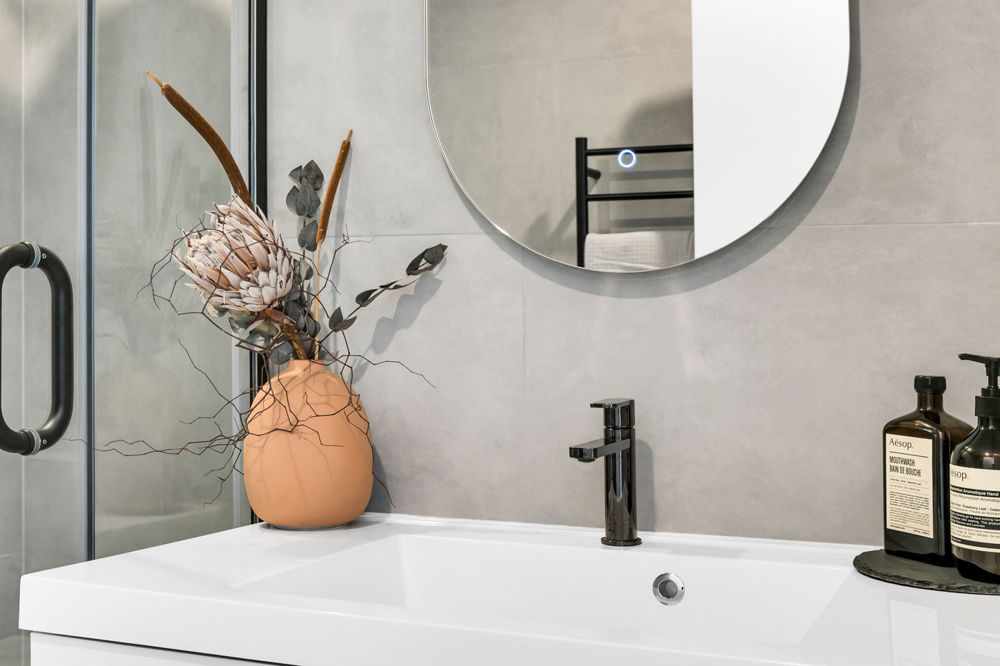 Neautral Grey Bathroom Black Chrome Basin Tap on Vanity