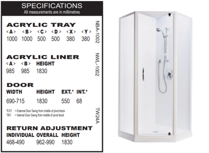 Trentworth 1000 x 1000 Angle Corner 2 Sided Shower - Centre Waste  - Flat Liner - Bright Silver