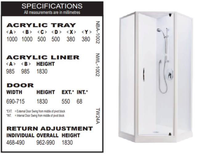 Trentworth 1000 x 1000 Angle Corner 2 Sided Shower - Centre Waste  - Flat Liner - White