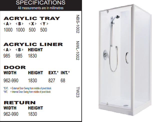 Trentworth 1000 Door x 1000 Return 2 Sided Shower - Centre Waste  - Flat Liner - Bright Silver