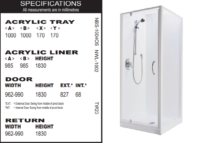 Trentworth 1000 Door x 1000 Return 2 Sided Shower - Offset Waste  - Flat Liner - White