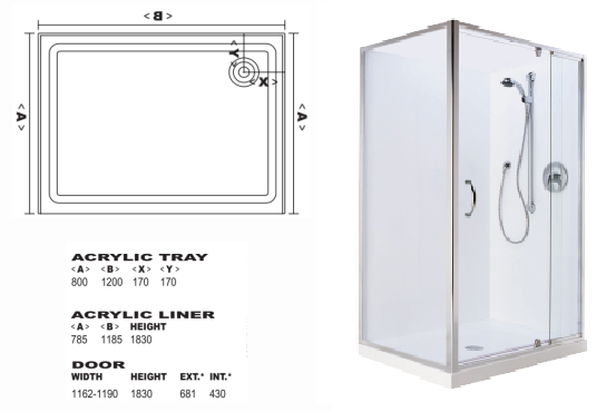 Trentworth 1200 Door x 800 Return 2 Sided Shower - Left Front Waste  - Flat Liner - Bright Silver