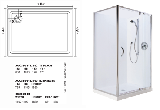 Trentworth 1200 Door x 800 Return 2 Sided Shower - Right Front Waste  - Flat Liner - Bright Silver