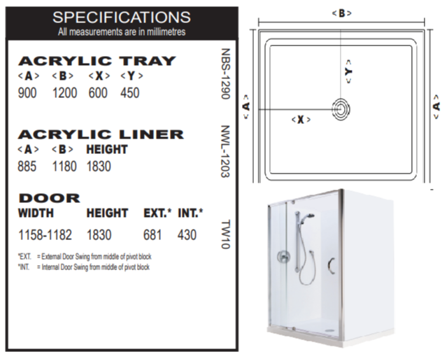 Trentworth 1200 Door Only 3 Sided Shower - Centre Waste  - Flat Liner - Bright Silver